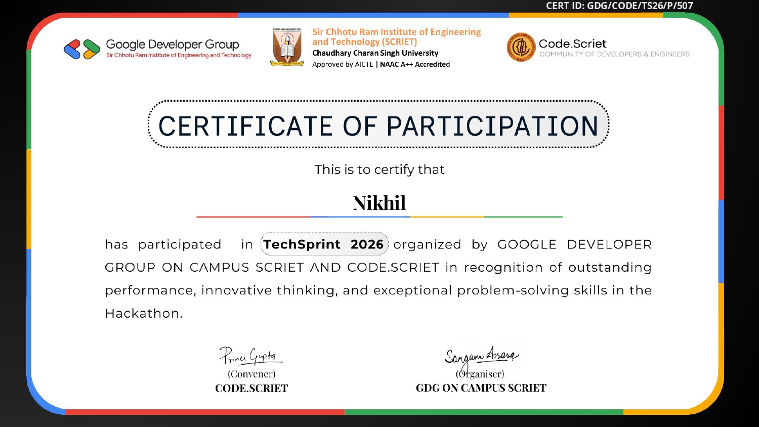 TechSprint 2026 Hackathon Certificate - Google Developer Group